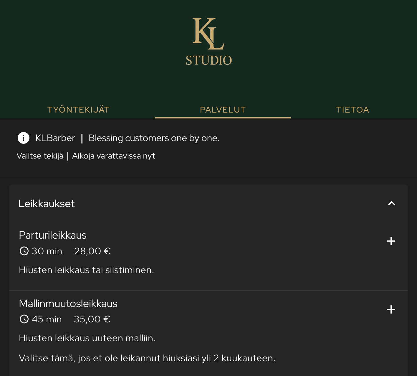 KL Barberin digitaalinen varauspalvelu